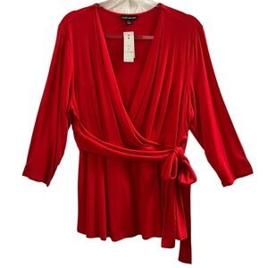 LANE BRYANT TOP, Size 14/16, Red Faux Wrap Top with Peplum and Tie Waist, NEW.